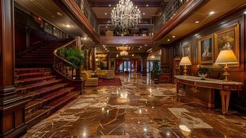 requintado grandeza e Eterno elegância dentro uma Prestigiado hotel lobby foto