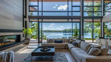 luxuoso beira do lago vivo quarto com panorâmico natureza Visualizações e acolhedor lareira foto