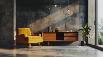 moderno e minimalista vivo quarto Projeto com acolhedor mobília, natural iluminação, e calmante ambiente foto