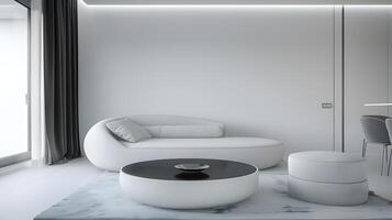 elegante e minimalista vivo quarto exalando refinado luxo e pacífico serenidade foto