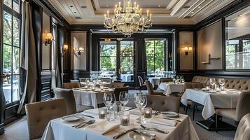 elegante e sofisticado restaurante interior exibindo luxuoso jantar experiência com lustres, sofisticados móveis e refinado ambiente foto