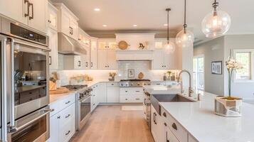 elegante e espaçoso moderno cozinha com brilhante iluminação e contemporâneo decoração foto