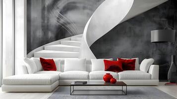 luxuoso moderno vivo quarto com lustroso branco sofá e vermelho sotaque almofadas dentro minimalista interior Projeto foto