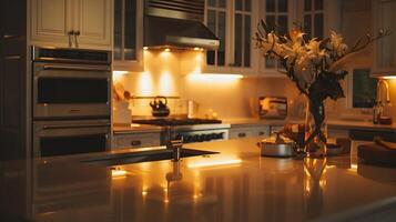 acolhedor e caloroso inspirado no outono cozinha cena com brilhando iluminação e floral acentos foto