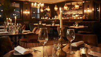 acolhedor e refinado de luxo restaurante interior com vagamente aceso ambiente e elegante mesa configuração foto