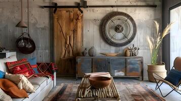 acolhedor rústico interior com vintage decoração e mobília dentro esquentar, convidativo atmosfera foto
