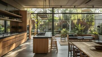 acolhedor e convidativo moderno cozinha com elegante natural madeira acentos e exuberante ao ar livre Visão foto