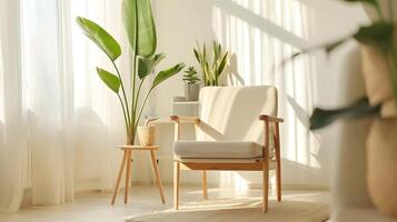 acolhedor e convidativo moderno minimalista vivo quarto com natural decoração elementos foto