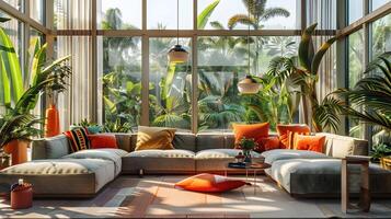 acolhedor tropical vivo quarto com exuberante interior folhagem e confortável mobília foto