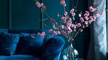 acolhedor vivo quarto com elegante floral arranjo em luxuoso azul sofá foto
