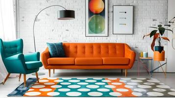 brilhante e convidativo contemporâneo vivo quarto decoração exibindo vibrante laranja adornado sofá e coordenado acessórios foto