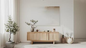 sereno e harmonioso interior composição com minimalista mobília e natural acentos foto