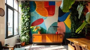 vibrante abstrato arte adornando acolhedor moderno casa interior com exuberante vegetação foto