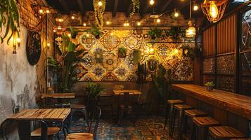 vibrante global fusão acolhedor boêmio restaurante ambiente com eclético decoração e rústico charme foto