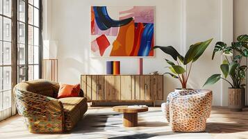 acolhedor e colorida minimalista vivo quarto com abstrato arte decoração e natural elementos foto