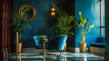opulento e vibrante inspiração tropical vivo espaço com exuberante folhagem e luxuoso mobília foto