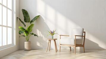 acolhedor e convidativo moderno vivo quarto com natural luz solar e exuberante vegetação foto