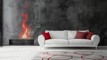 acolhedor e luxuoso moderno vivo quarto com lareira e pelúcia vermelho sofá dentro sofisticado cinzento e branco decoração foto