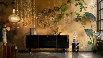 luxuoso interior com ornamentado lustre e exuberante folhagem foto