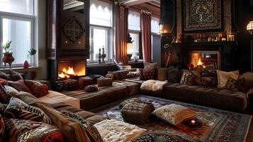 luxuoso tradicional vivo quarto com ornamentado lareira e acolhedor mobília foto
