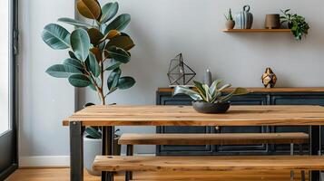 acolhedor e acolhedor interior espaço com de madeira mobília e exuberante vegetação decoração foto