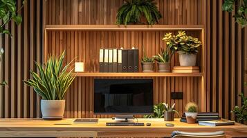 acolhedor de madeira posto de trabalho com exuberante vegetação decoração para produtivo casa escritório meio Ambiente foto