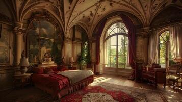 luxuoso medieval Palácio quarto preenchidas com ornamentado Antiguidade mobília e decoração foto
