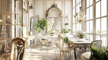 luxuoso e elegante inspiração vintage interior Projeto com ornamentado mobília e natural iluminação foto