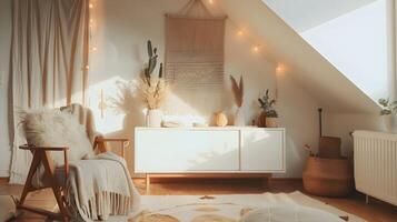 acolhedor de inspiração escandinava vivo quarto com natural acentos e caloroso iluminação foto