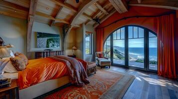 luxuoso costeiro quarto retiro com panorâmico oceano vistas e elegante interior Projeto foto