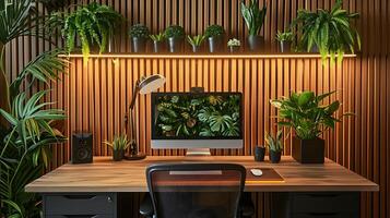 acolhedor woodgrain posto de trabalho cercado de exuberante vegetação para produtivo e inspirador controlo remoto trabalhos foto