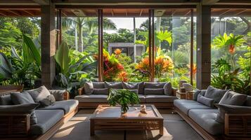 luxuoso tropical oásis exuberante vegetação e suntuoso mobília emprestar elegância para íntimo vivo espaço foto