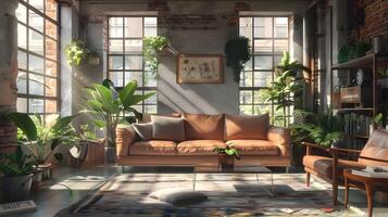 acolhedor e convidativo estilo loft vivo quarto com natural luz solar e rústico decoração elementos foto