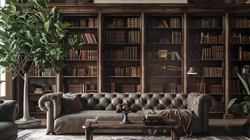 acolhedor recanto dentro uma inspiração vintage casa biblioteca com adornado couro mobília e exuberante vegetação foto