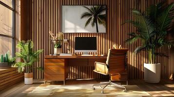 chique e sereno inspiração tropical casa escritório meio Ambiente com lustroso mobília e verdejante acentos foto