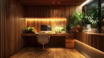 acolhedor e funcional de madeira casa escritório área de trabalho com exuberante vegetação acentos para elevado produtividade foto