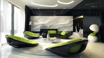 cativante futurista vivo quarto exibindo lustroso desenhos e vibrante cor acentos foto