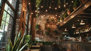 acolhedor e convidativo cafeteria ambiente com rústico tijolo decoração e suspensão vegetação foto