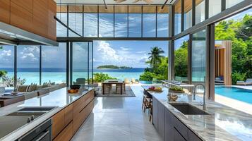 ultramoderno cozinha negligenciar azul lagoa e coral recife dentro luxo Maldivas villa foto