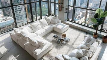 urbano loft vivo quarto com cidade Horizonte Visão e lustroso branco sofá foto