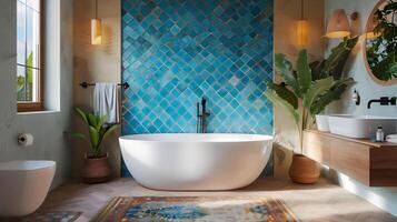 vibrante marroquino lado a lado banheiro com de grandes dimensões independente banheira e exuberante plantas foto
