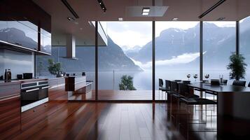 à moda moderno cozinha negligenciar coberto de névoa montanhas através do chão ao teto janelas foto
