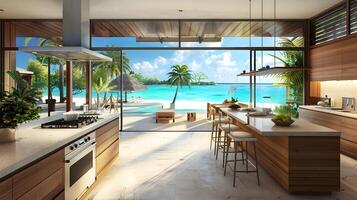ultramoderno cozinha com zebrano madeira texturas e panorâmico Visualizações do azul lagoa foto