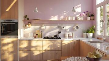 iluminado pelo sol cozinha com luz madeira armários e enevoado lilás tons exalando moderno elegância foto