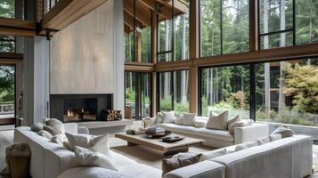 espaçoso vivo quarto com madeira lareira e floresta Visão dentro moderno luxo casa foto