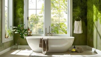 sereno banheiro com elegante independente banheira e exuberante musgo papel de parede incorporando tranquilidade e inspirado na natureza Projeto foto