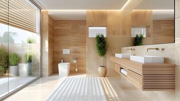 espaçoso moderno banheiro com natural madeira acentos aquecendo dentro luz solar e minimalista interior plantas foto