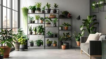 estilo escandinavo vivo quarto abraços urbano selva tema com abundante plantas de interior e personalizadas metal prateleiras foto