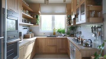 escandinavo pequeno cozinha com luz madeira e branco azulejos aquecendo dentro natural luz e verde plantas foto