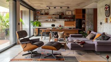 espaçoso moderno vivo área apresentando tom lilás sofá almofadas e inspirado em eames poltrona foto